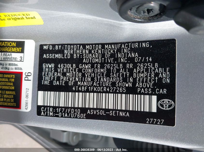 2014 TOYOTA CAMRY L/LE/XLE/SE/SE SPORT - 4T4BF1FK0ER427265