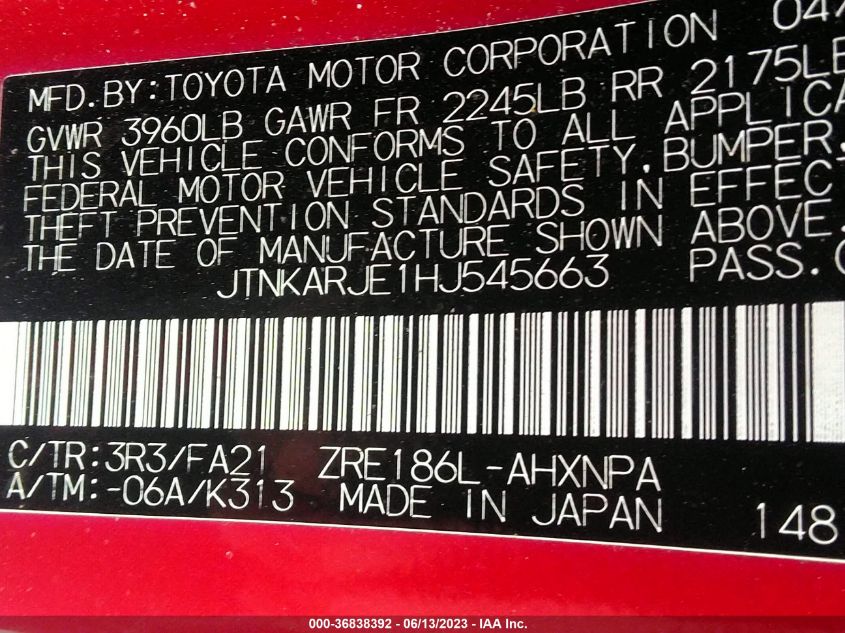 2017 TOYOTA COROLLA IM - JTNKARJE1HJ545663