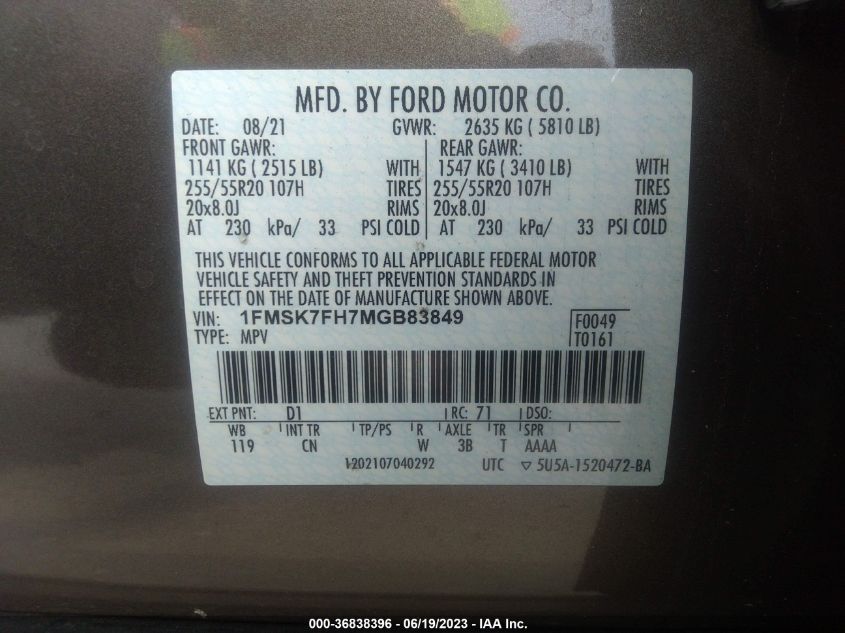2021 FORD EXPLORER LIMITED - 1FMSK7FH7MGB83849