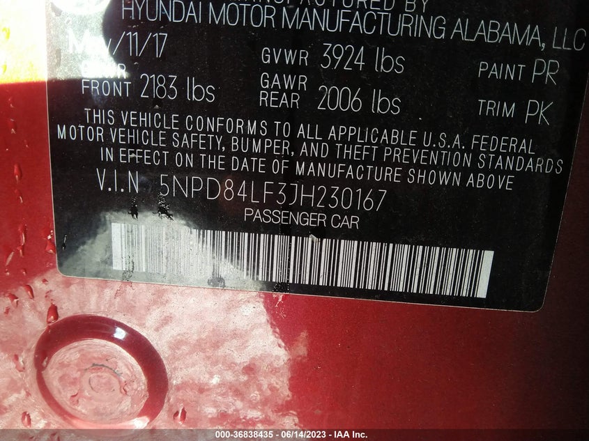 VIN 5NPD84LF3JH230167 2018 HYUNDAI ELANTRA SEL