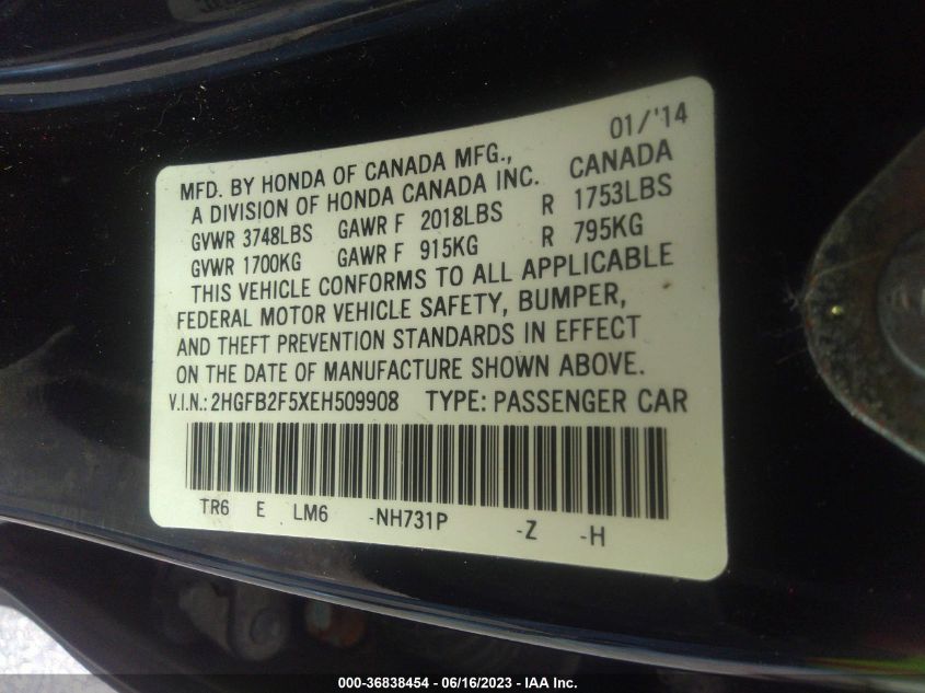 2014 HONDA CIVIC LX - 2HGFB2F5XEH509908