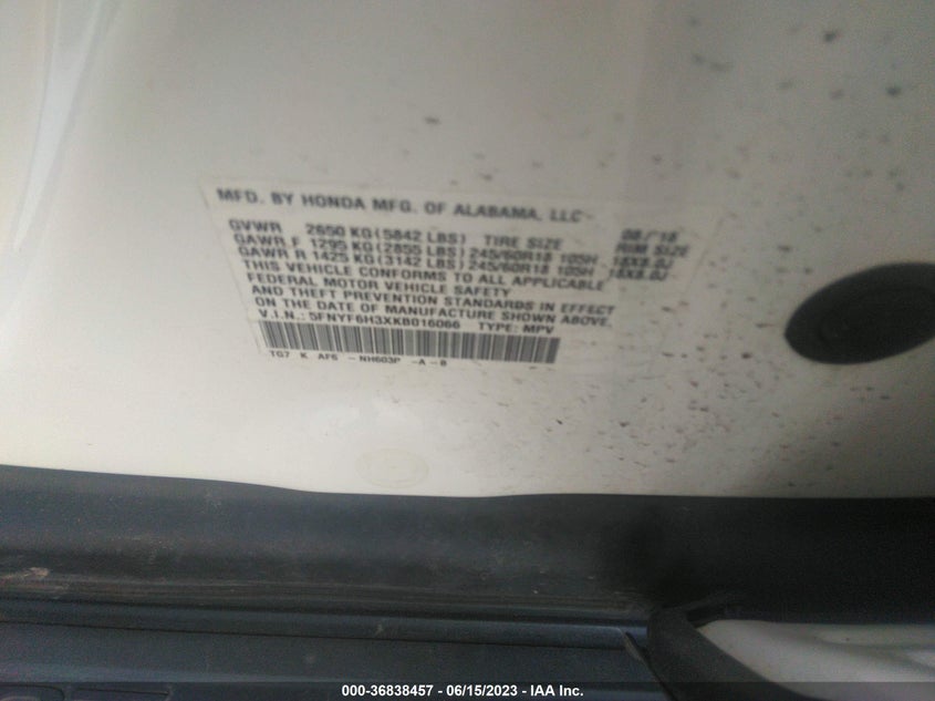 VIN 5FNYF6H3XKB016066 2019 HONDA PILOT EX