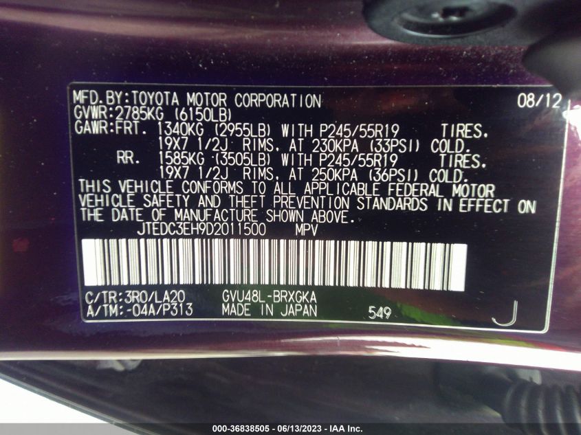 2013 TOYOTA HIGHLANDER HYBRID LIMITED V6 JTEDC3EH9D2011500