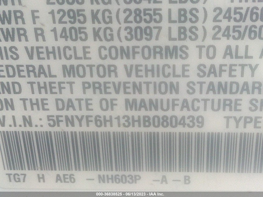 VIN 5FNYF6H13HB080439 2017 HONDA PILOT LX