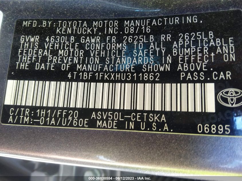 2017 TOYOTA CAMRY XLE/SE/LE/XSE - 4T1BF1FKXHU311862
