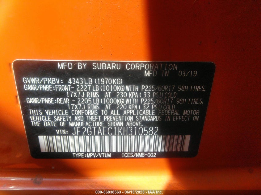 VIN JF2GTAEC1KH310582 2019 SUBARU CROSSTREK PREMIUM