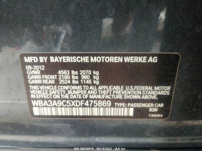 2013 BMW 3 SERIES 335I - WBA3A9C5XDF475869