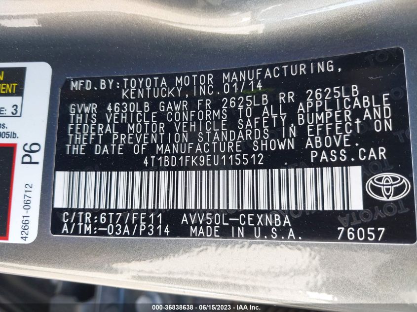 2014 TOYOTA CAMRY HYBRID LE/XLE/SE LIMITED EDITION - 4T1BD1FK9EU115512