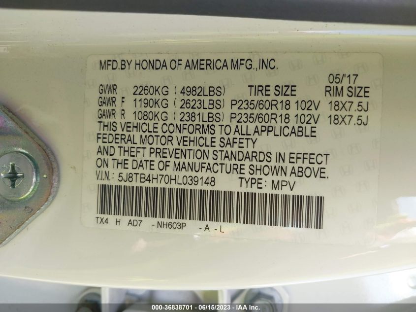 2017 ACURA RDX W/ADVANCE PKG - 5J8TB4H70HL039148