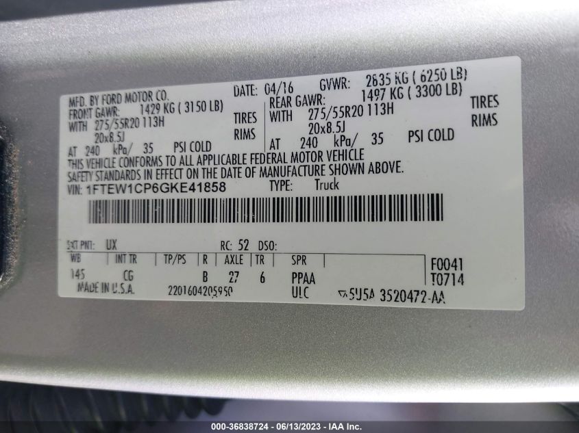 2016 FORD F-150 XL/LARIAT/XLT - 1FTEW1CP6GKE41858