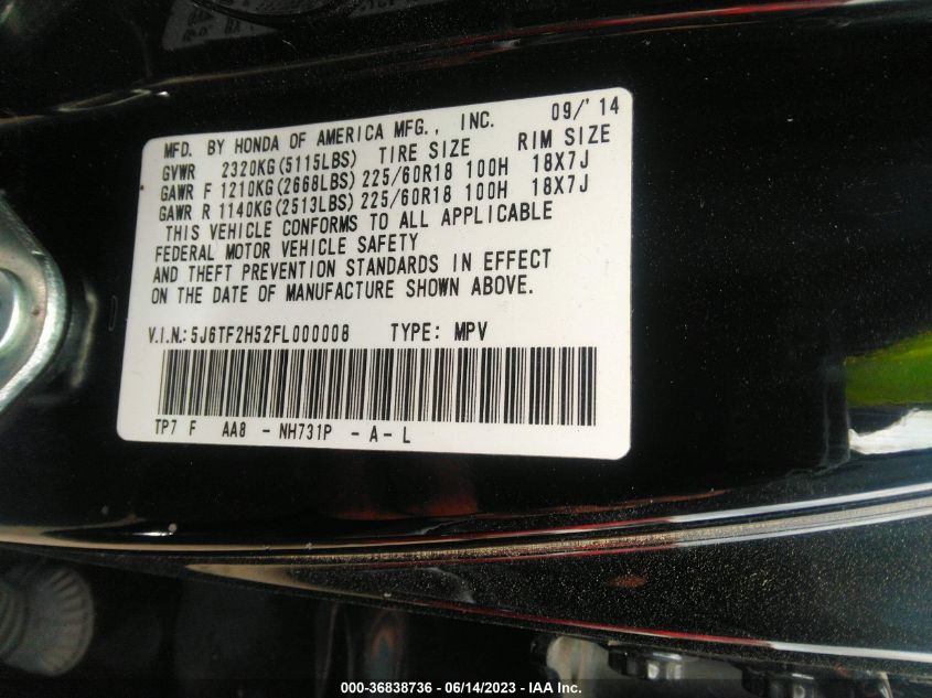 2015 HONDA CROSSTOUR EX-L 5J6TF2H52FL000008
