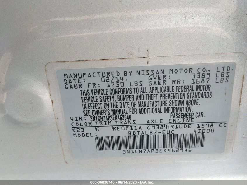 2014 NISSAN VERSA SV - 3N1CN7AP3EK462946