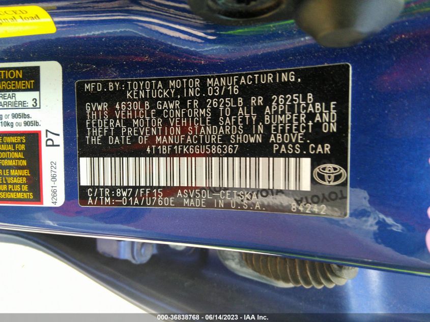 2016 TOYOTA CAMRY LE/XLE/SE/XSE - 4T1BF1FK6GU586367