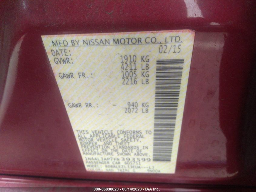 2015 NISSAN ALTIMA 2.5 S - 1N4AL3AP7FN393599