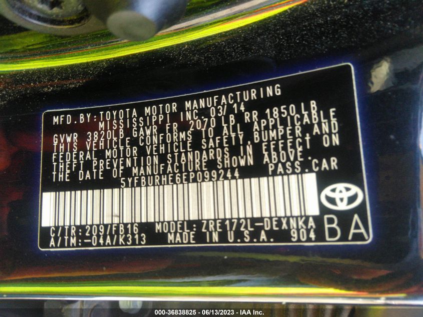 2014 TOYOTA COROLLA L/LE/S/S PLUS/LE PLUS - 5YFBURHE6EP099244
