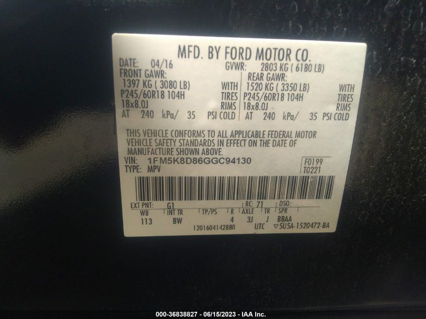 2016 FORD EXPLORER XLT - 1FM5K8D86GGC94130