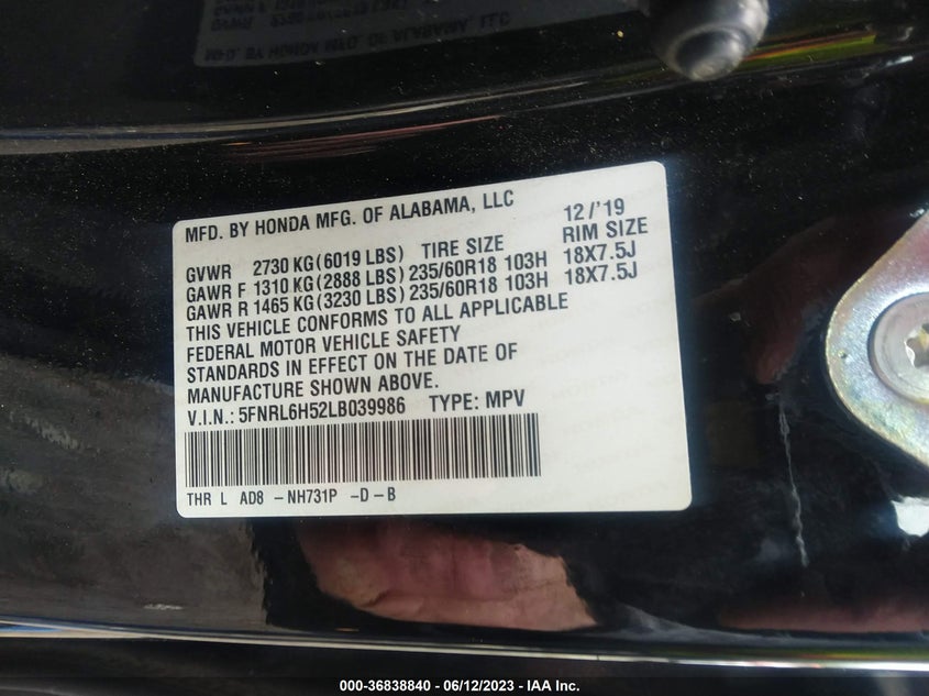 VIN 5FNRL6H52LB039986 2020 HONDA ODYSSEY EX
