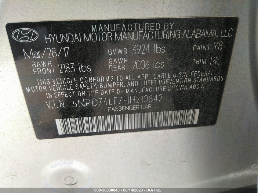 VIN 5NPD74LF7HH210842 2017 HYUNDAI ELANTRA SE