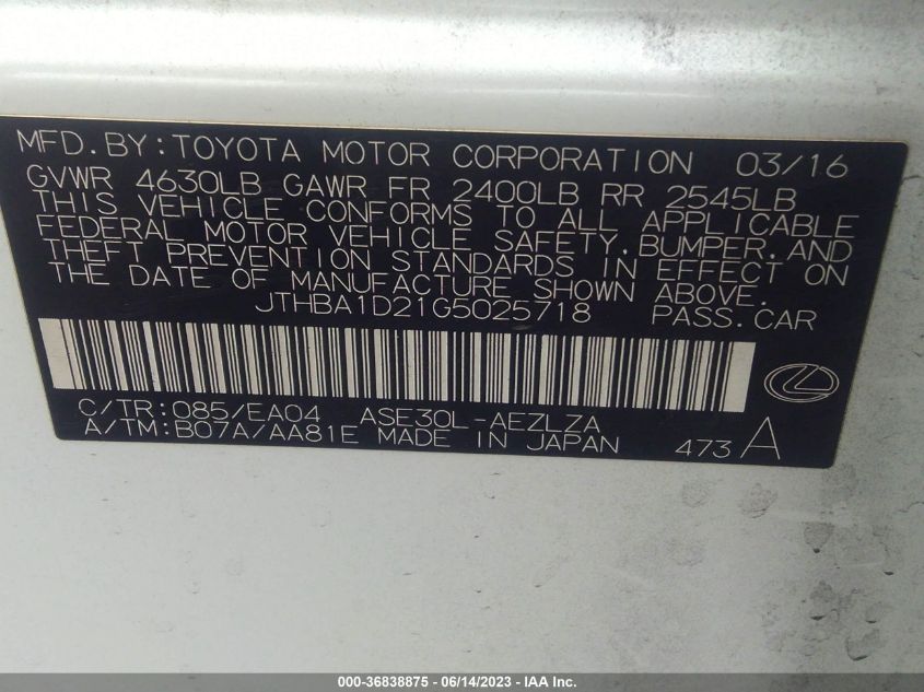 2016 LEXUS IS 200T JTHBA1D21G5025718