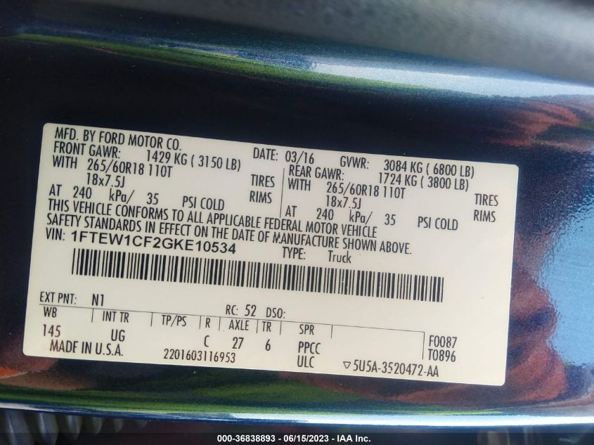 2016 FORD F-150 XL/LARIAT - 1FTEW1CF2GKE10534