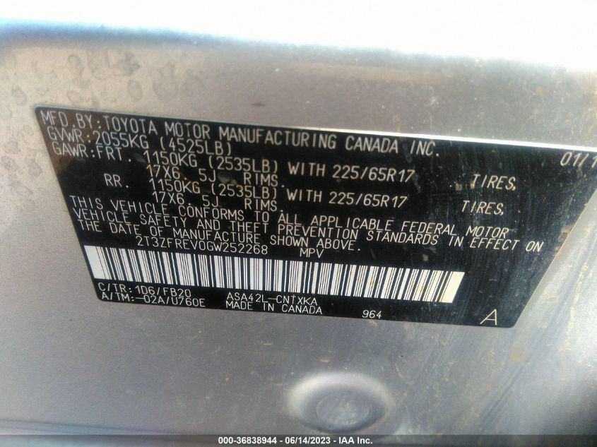 2016 TOYOTA RAV4 LE - 2T3ZFREV0GW252268