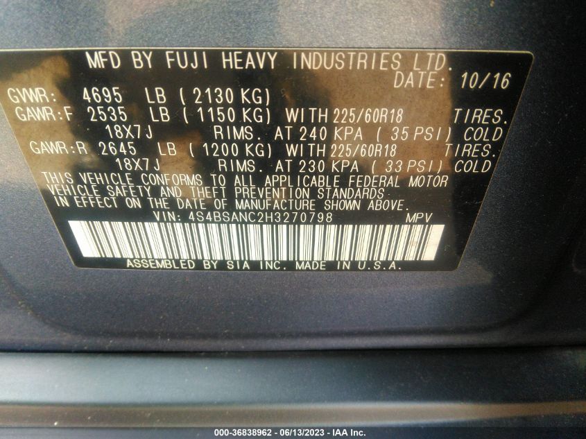 2017 SUBARU OUTBACK LIMITED - 4S4BSANC2H3270798
