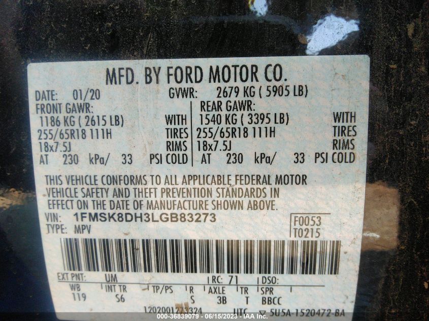 2020 FORD EXPLORER XLT - 1FMSK8DH3LGB83273