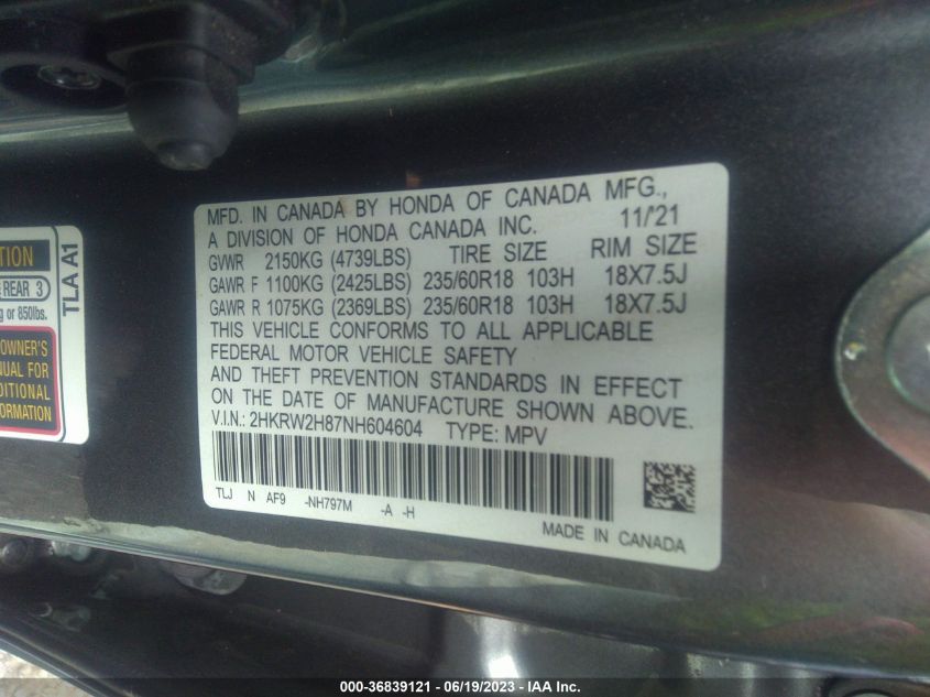 2022 HONDA CR-V EX-L - 2HKRW2H87NH604604