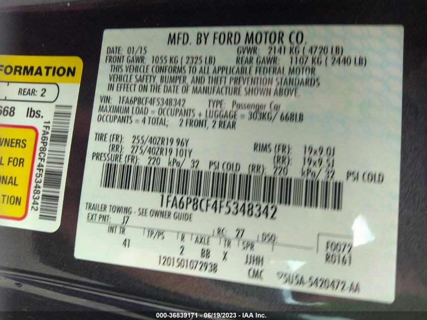 2015 FORD MUSTANG GT - 1FA6P8CF4F5348342