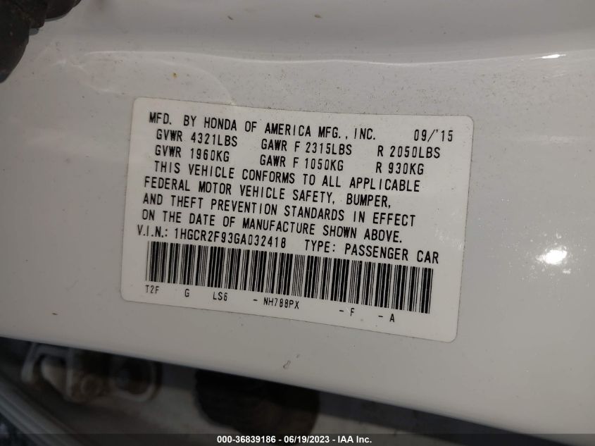 2016 HONDA ACCORD SEDAN EX-L - 1HGCR2F93GA032418