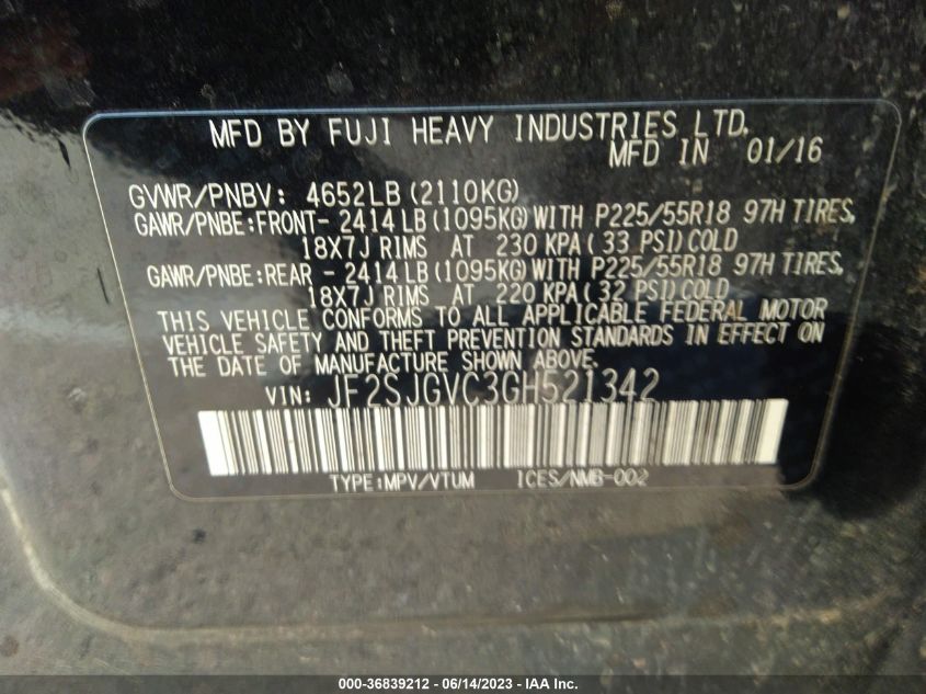 2016 SUBARU FORESTER 2.0XT TOURING - JF2SJGVC3GH521342
