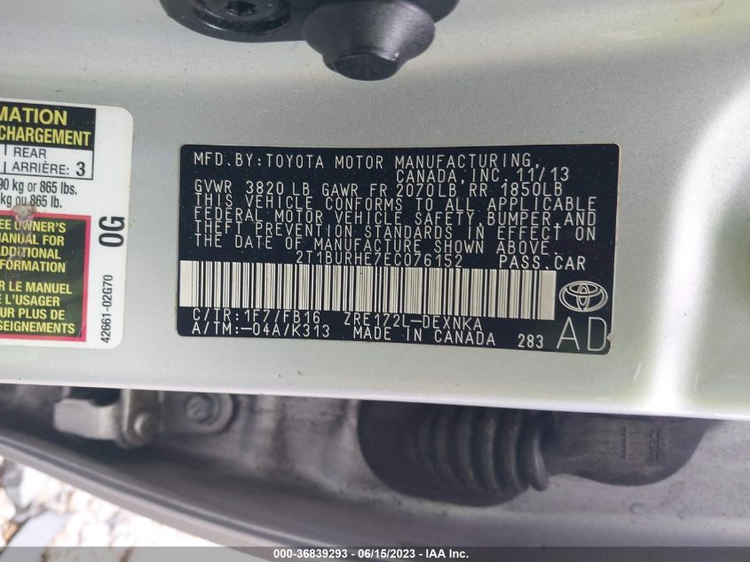 2014 TOYOTA COROLLA L/LE/S/S PLUS/LE PLUS - 2T1BURHE7EC076152