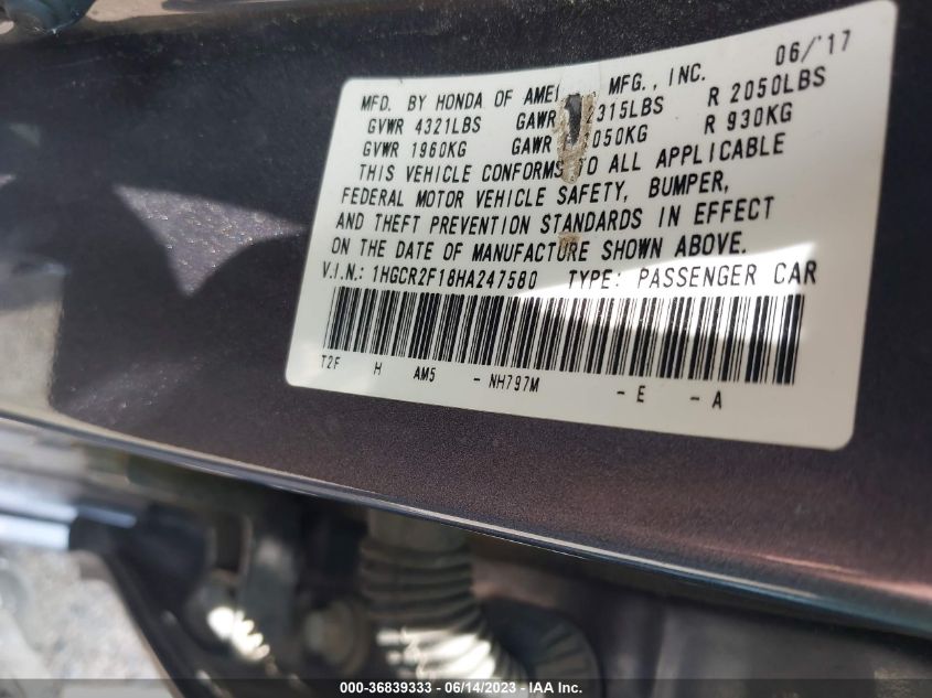 2017 HONDA ACCORD SEDAN SPORT SE - 1HGCR2F18HA247580