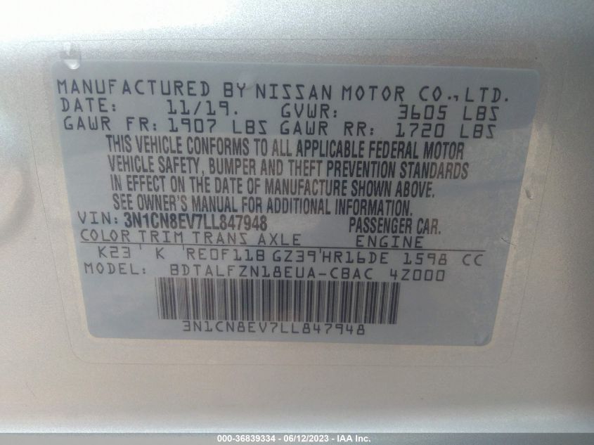 3N1CN8EV7LL847948 Nissan Versa SV 9