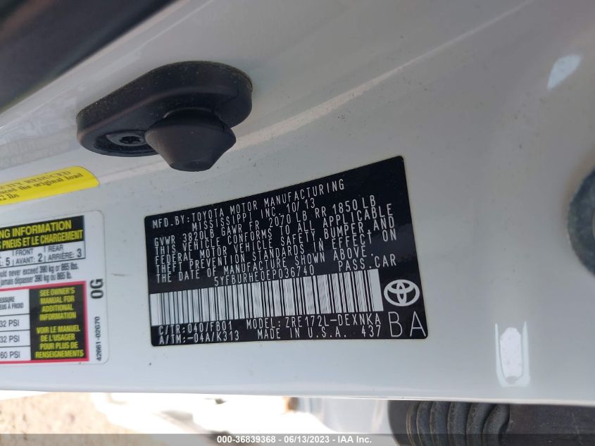 2014 TOYOTA COROLLA L/LE/S/S PLUS/LE PLUS - 5YFBURHE0EP036740