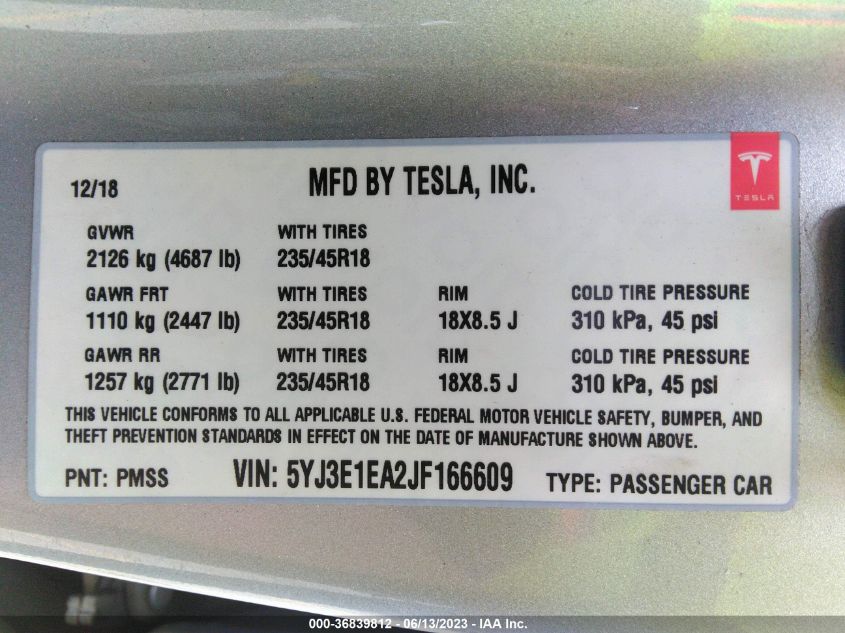 2018 TESLA MODEL 3 RANGE BATTERY - 5YJ3E1EA2JF166609