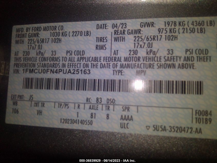 2023 FORD ESCAPE BASE - 1FMCU0FN4PUA25116