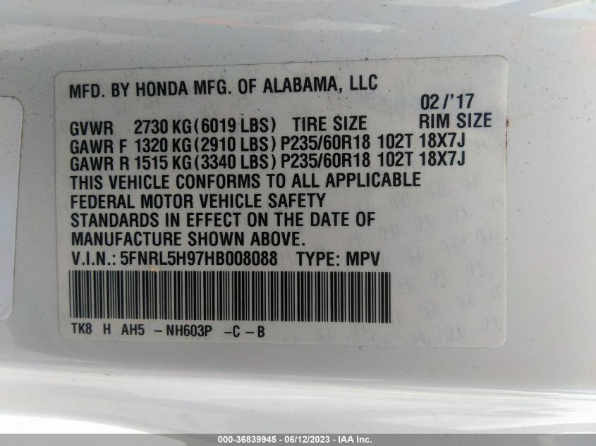 2017 HONDA ODYSSEY TOURING - 5FNRL5H97HB008088