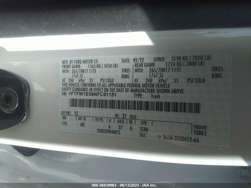 2022 FORD F-150 XL/XLT/LARIAT - 1FTFW1E56NFC01151