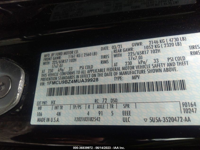 2021 FORD ESCAPE SE HYBRID - 1FMCU9BZ4MUA39928