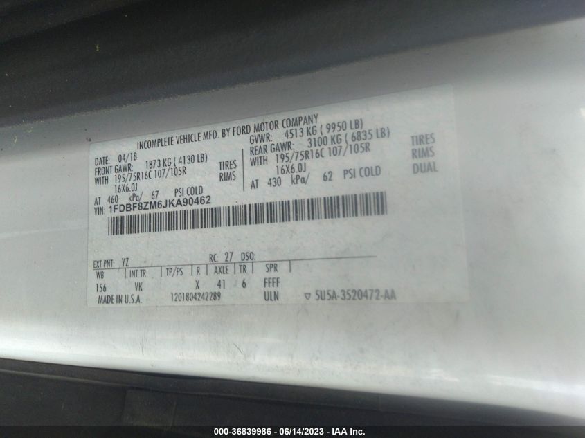 2018 FORD TRANSIT CHASSIS - 1FDBF8ZM6JKA90462