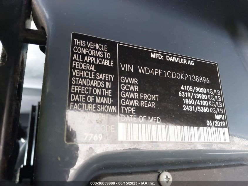2019 MERCEDES-BENZ SPRINTER VAN WD4PF1CD0KP138896