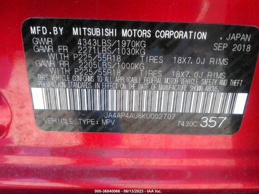 2019 MITSUBISHI OUTLANDER SPORT SE 2.0 - JA4AP4AU8KU002707
