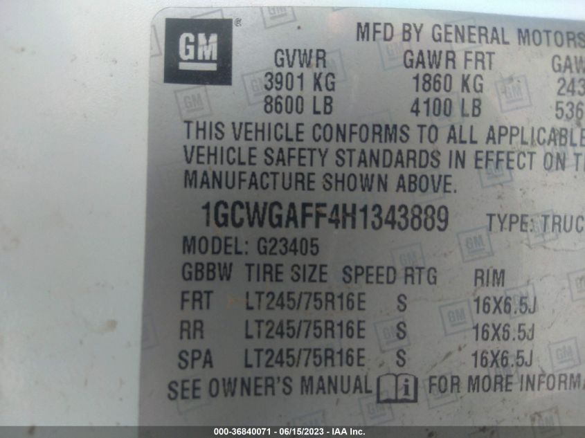 2017 CHEVROLET EXPRESS 2500 WORK VAN - 1GCWGAFF4H1343889