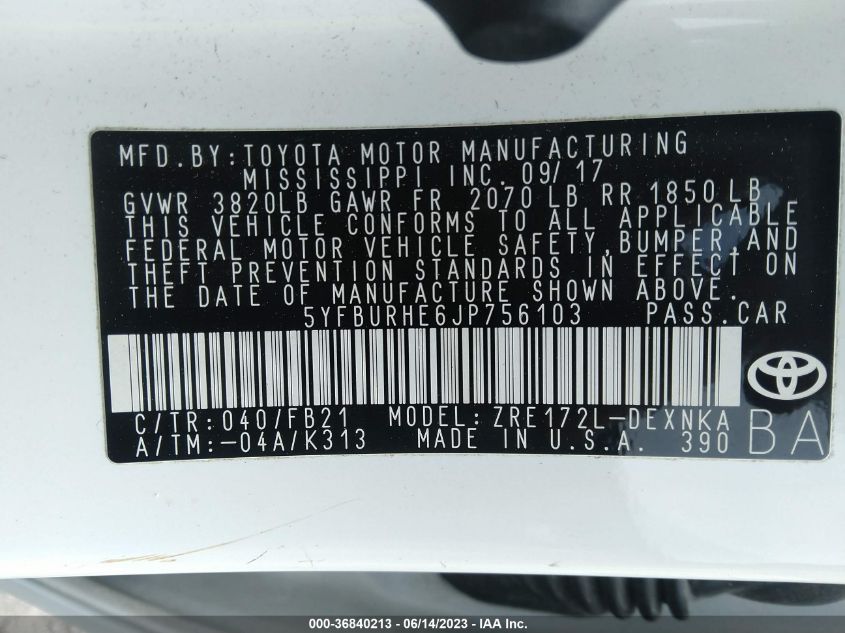 2018 TOYOTA COROLLA L/LE/XLE/SE/XSE - 5YFBURHE6JP756103