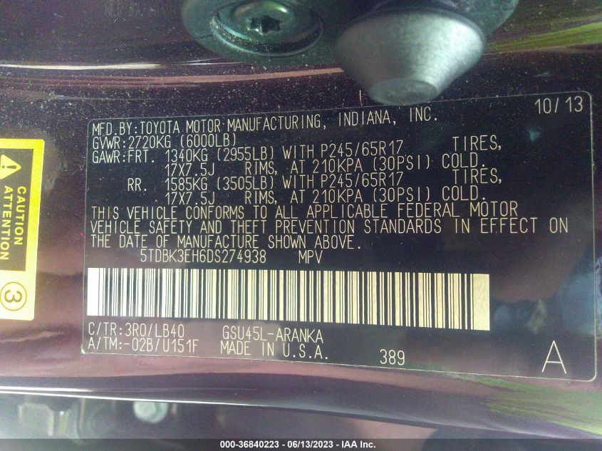 2013 TOYOTA HIGHLANDER - 5TDBK3EH6DS274938
