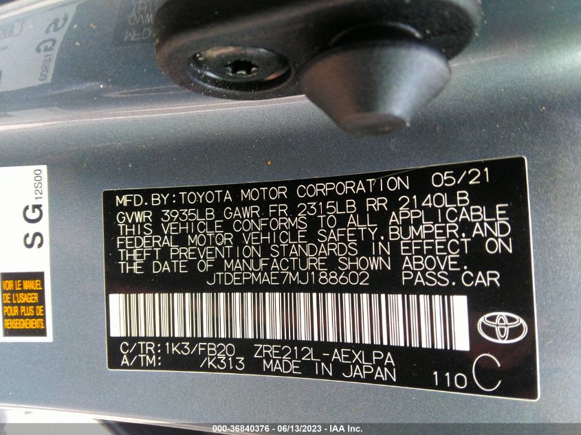 2021 TOYOTA COROLLA LE - JTDEPMAE7MJ188602