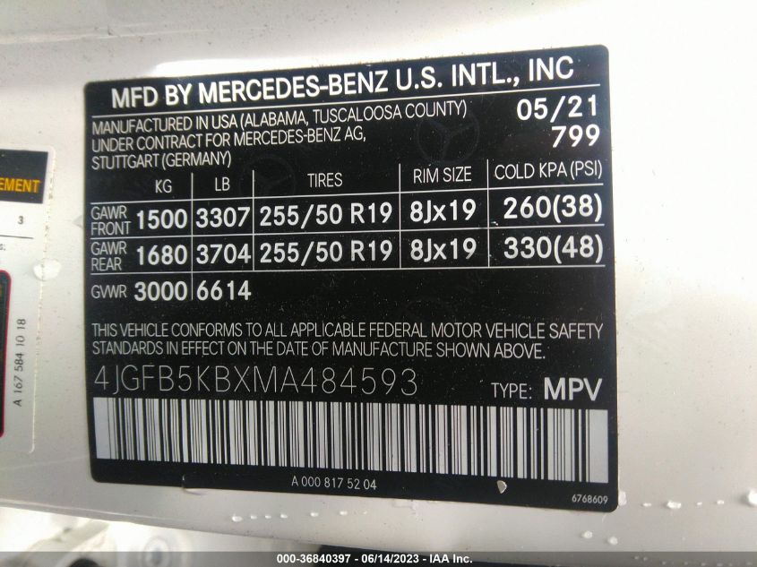 2021 MERCEDES-BENZ GLE GLE 450 - 4JGFB5KBXMA484593