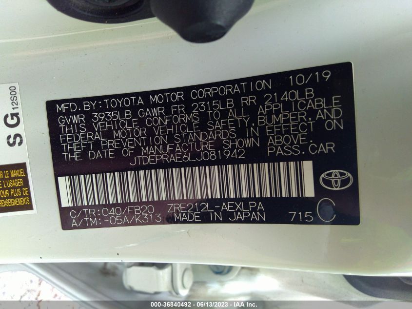 2020 TOYOTA COROLLA LE - JTDEPRAE6LJ081942