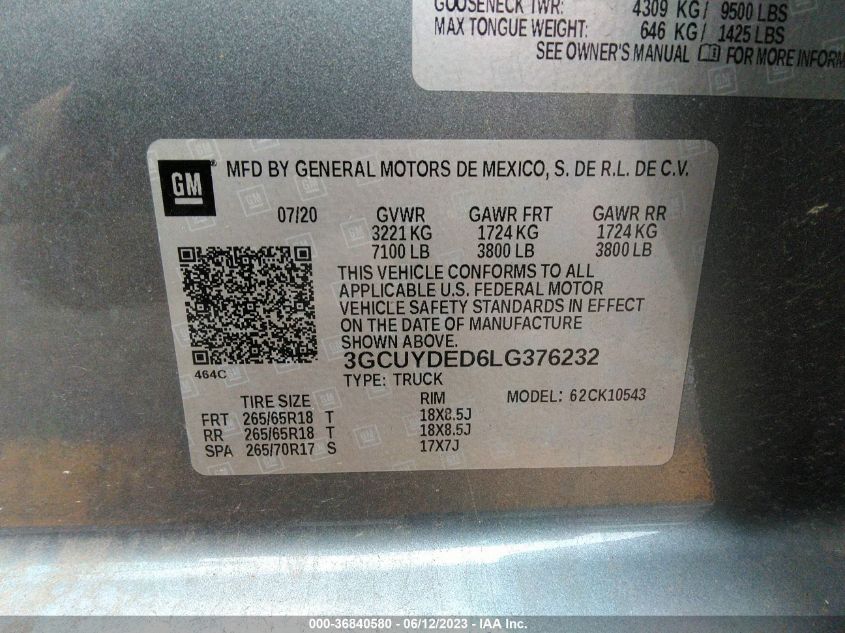 2020 CHEVROLET SILVERADO 1500 LT - 3GCUYDED6LG376232